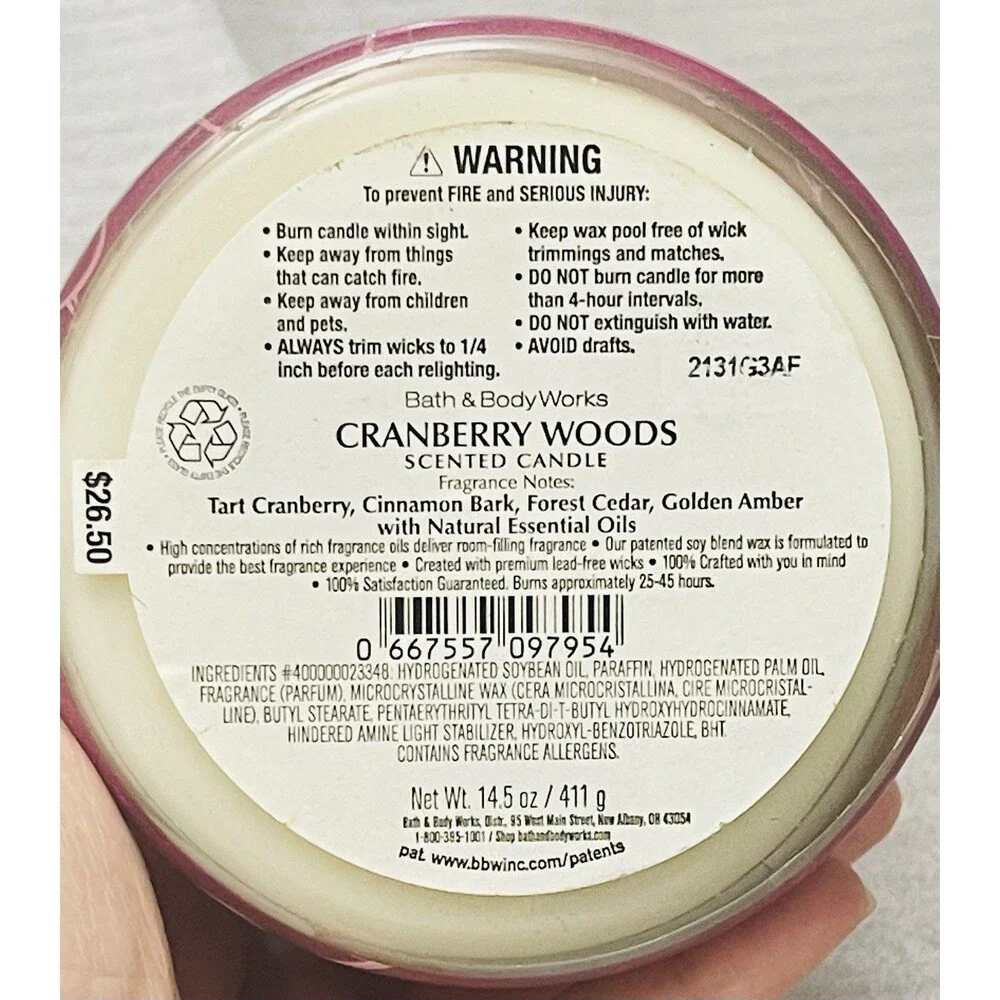 2 LOT Bath & Body Works 3-Wick Candles – Sugar Pecan Pie & Cranberry Woods – NEW - Picture 9 of 9